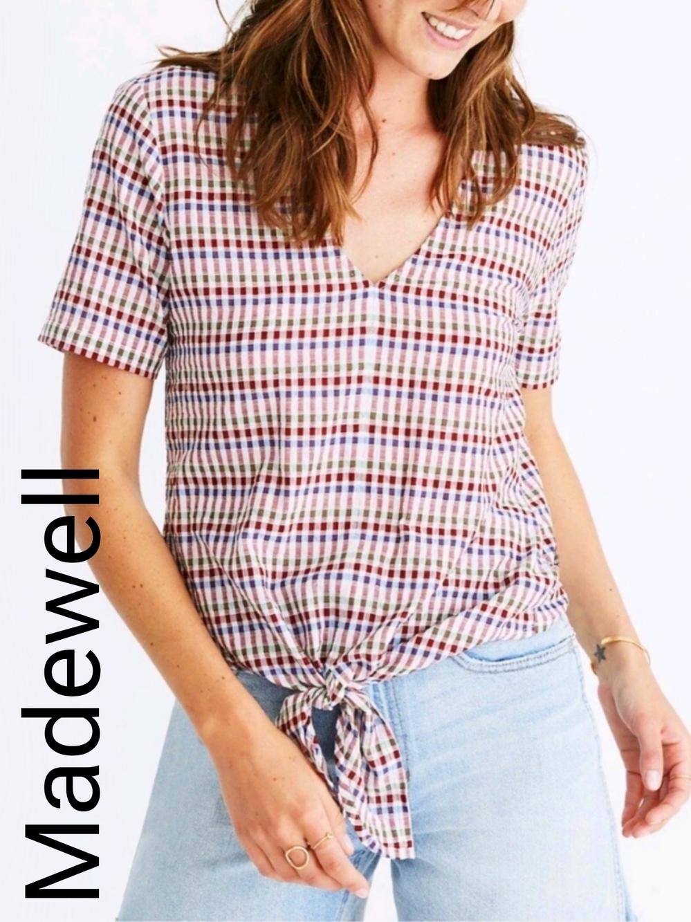 Retro Madewell Women's Multicolor Novel Gingham Tie-Front V-Neck Top